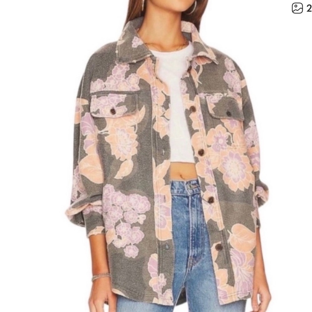 Free People Ruby Printed Shirt Jacket in the Charcoal Floral Combo
